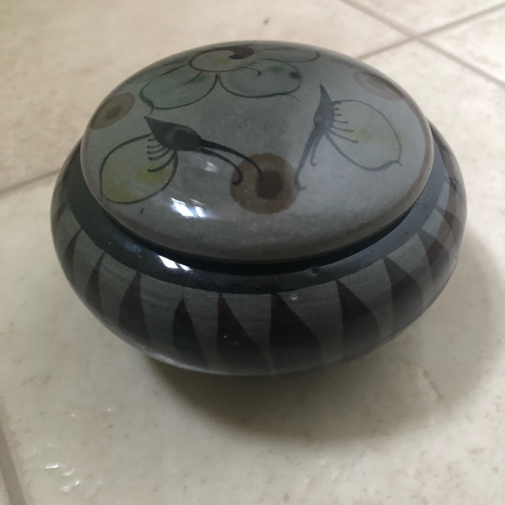 Mexican / pottery trinket dish with lid/ water color floral design